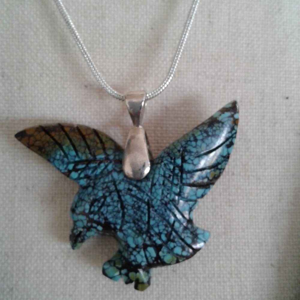 Vintage Spiderweb Turquoise Bird Necklace